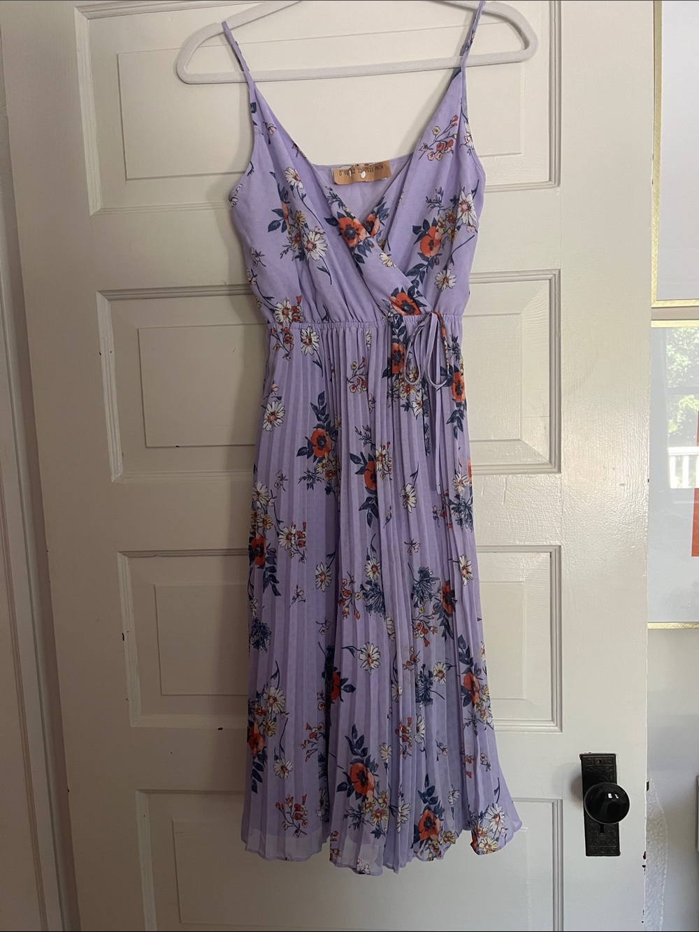 ALI & JAY Lavender Floral Wrap Midi Dress with Orange and White Accents